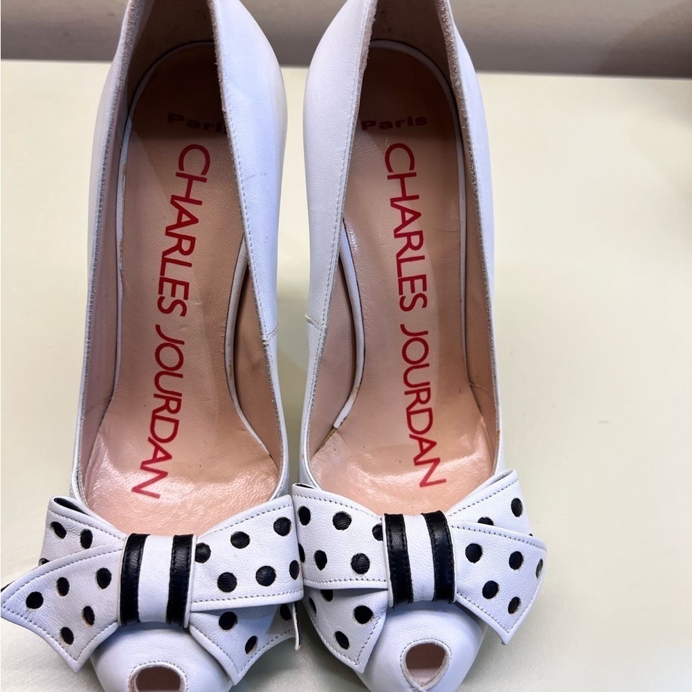 Charles Jourdan made in Italy polka dot bow Black and White peep toe Heels